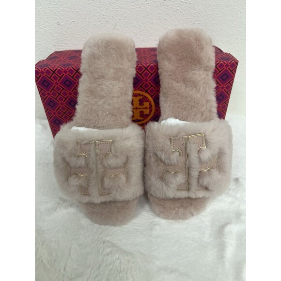 TORY BURCH SHEARLING SLIDE SANDAL SHELL PINK /GOLD TRIM DOUBLE LOGO SZ US 6 NEW - Picture 6 of 10